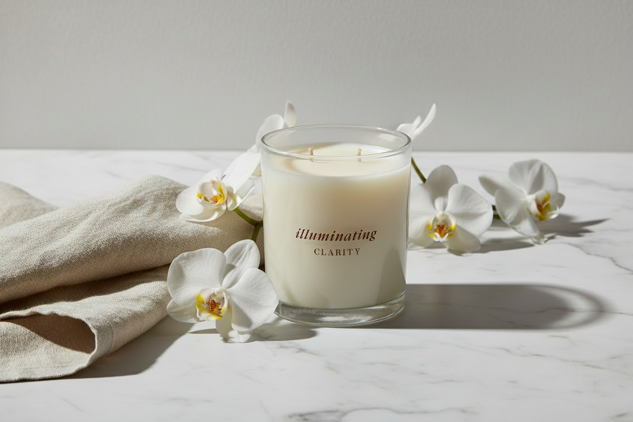 EVRten Illuminate Clarity Candle luxury layout with orchids